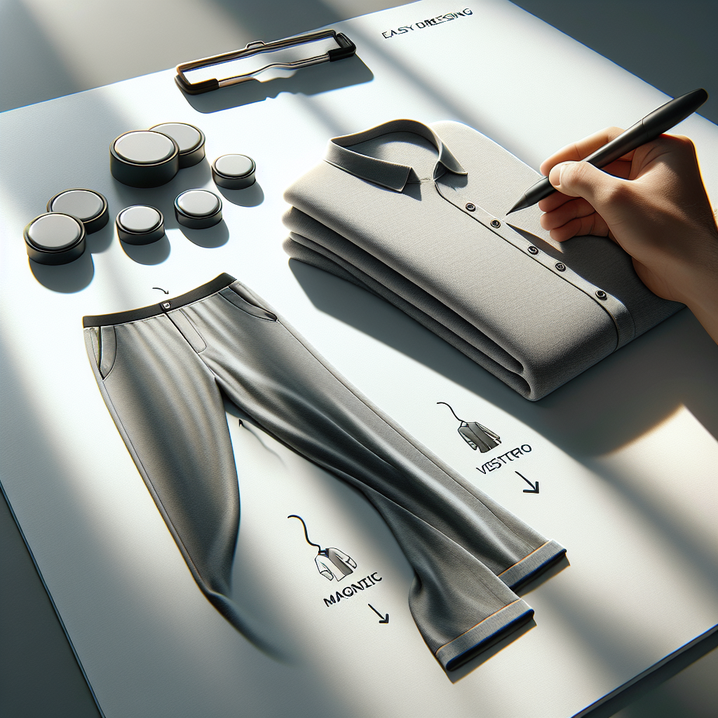 Create a photorealistic still life image featuring a set of stunning magnetic shirts, lit by natural lighting creating soft shadows. Next to them, illustrate a pair of effortless velcro pants that showcase easy dressing solutions. The image should detail the unique features and functionality of these garments, highlighting their ease of use and comfort.