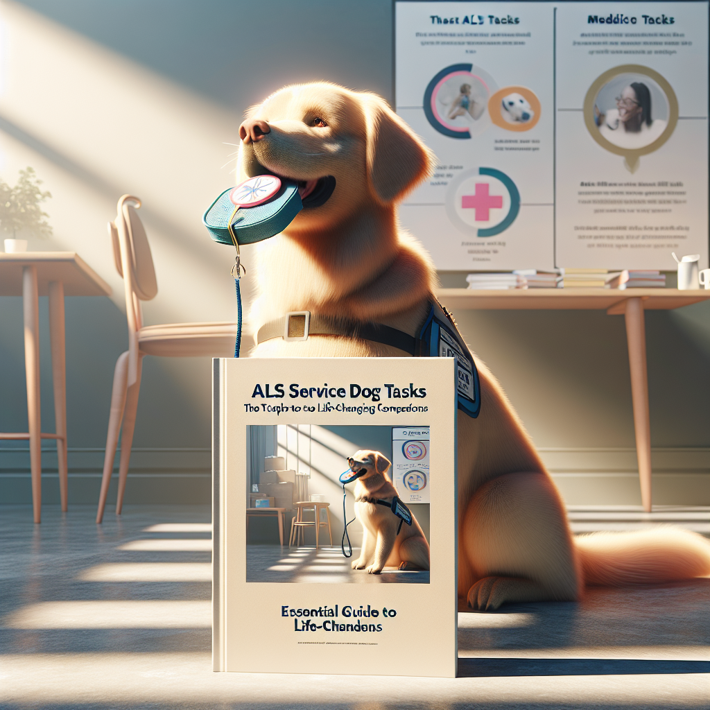 Depict a scene relevant to 'ALS Service Dog Tasks: Essential Guide to Life-Changing Companions'. An ALS service dog, a Golden Retriever, is in a brightly lit room with soft shadows. It is carrying a medicine pouch in its mouth, showing its ability to help with medical tasks. There is a book in the foreground titled 'Essential Guide to Life-Changing Companions', specifically focused on service dogs. Display the tasks usually undertaken by service dogs using infographics around the room. Make sure the overall scene gives a sense of companionship and support these dogs offer.