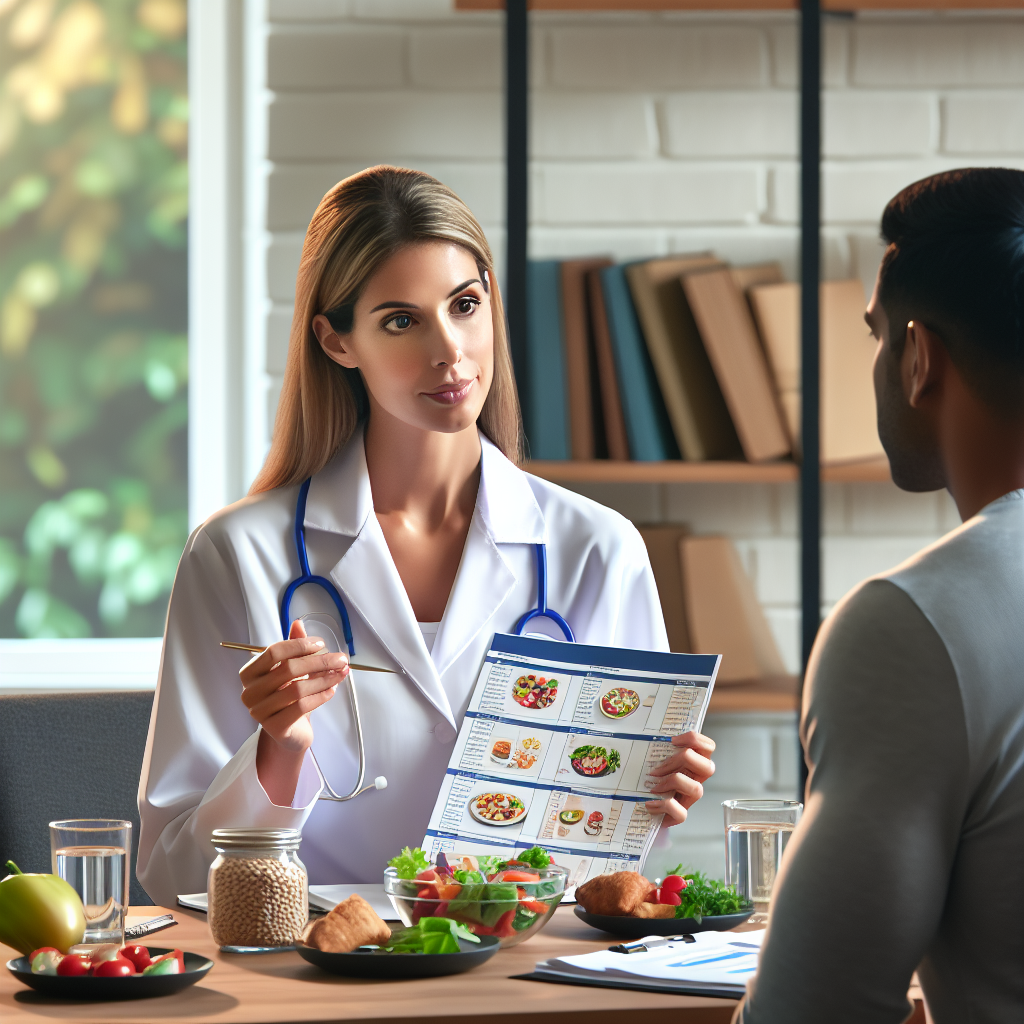 Generate a high-quality, photorealistic image using natural lighting and soft shadows of an ALS Dietitian explaining a personalized nutrition plan. This image should include multiple elements such as a variety of food, dietary charts, and meal plans on a table, a Caucasian female dietitian explaining the meal plan, and a South Asian male client listening intently. Make sure the environment is professional yet comforting, e.g. a well-lit office with books in the background.