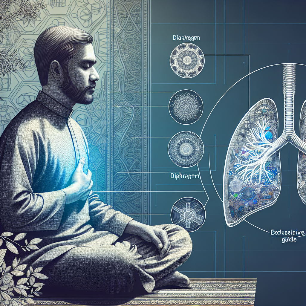 Show a detailed image representing the concept of Diaphragmatic Breathing for ALS patients. Feature a South Asian man in a relaxed position, likely seated or lying down, focusing intently on his breath. His hand should be placed onto his belly, indicating the process of diaphragmatic breathing. Supplement this with illustrations of air flow into the lungs and diaphragm movement to enhance understanding of the technique. Remember to set the imagery in a tranquil atmosphere, using natural lighting and soft shadows. Include a guide book next to him titled 'Exclusive Guide to Strengthen Lungs Effortlessly'.