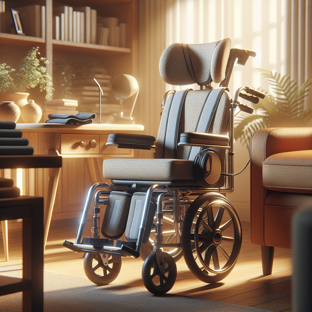 Generate a highly detailed, photorealistic image depicting an essential guide to affordable, effective headrest wheelchair solutions for ALS patients. The scene should be naturally lit, exuding warmth and comfort with soft shadows. Illustrate various wheelchair designs, illustrating adjustable and supportive neck collars. The image should evoke feelings of comfort, support, and accessibility. The equipment should be presented in a casual setting, perhaps draped over a comfortable armchair or in a cozy living room. Attention should be placed on the details of the design, showcasing the functionality and comfort offered to the users.