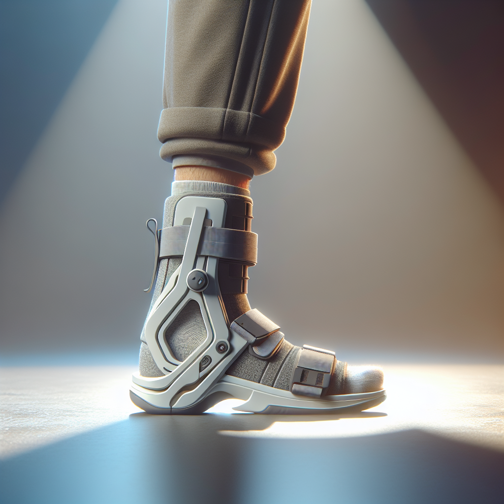 Create a high-quality, photorealistic image which showcases an Ankle Foot Orthosis (AFO) brace, an essential mobility aid designed specifically for assistance with walking. This AFO brace should be depicted in a setting that adds context to its use - perhaps in a well-lit, open space where someone might typically walk, like a park or a pedestrian pathway. The lighting should be natural and the shadows soft, subtly emphasizing the structure and design of the brace. Kindly pay attention to details such as adjustable straps and sturdy build, to highlight its functionality and comfort.