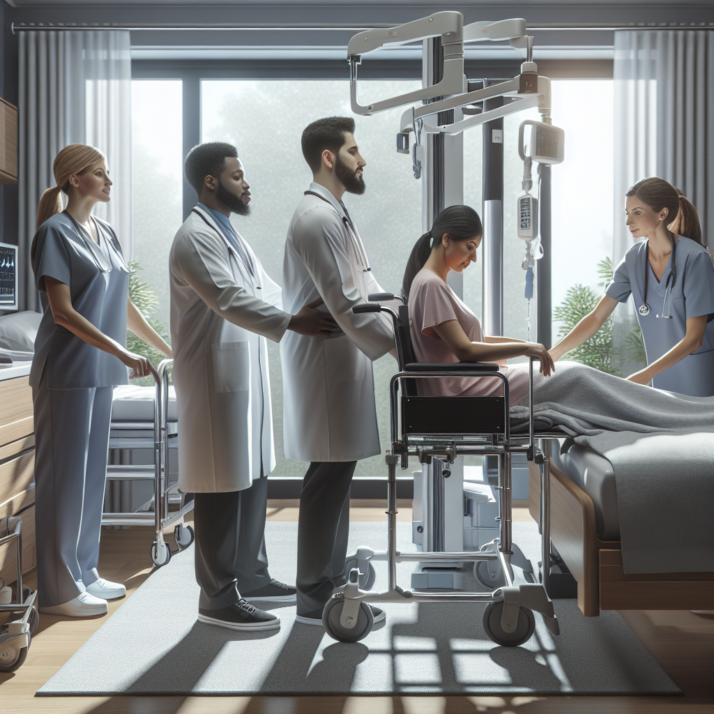 Depict the scene of a Hoyer Lift transfer process, showcasing the steps that provide safe and effortless transfers. In the image, there are a diverse array of trained medical practitioners - a Caucasian female, a Black male, and a Hispanic male - helping a Middle-Eastern female ALS patient from her bed to her wheelchair. The room is well lit with natural light pouring in through the window, casting soft shadows that emphasize the safety and precision of the procedure. Modern medical equipment, including the Hoyer Lift, is also visible, contributing to the overall scene of a caring and professional medical environment.