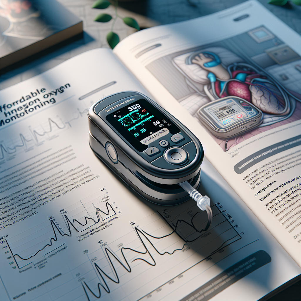 Generate a highly detailed image depicting a home oxygen monitoring setup. There's a pulse oximeter, which can monitor oxygen levels, resting at the center of the image, exhibiting its clear digital display and soft-touch buttons. The background contains an illustrated guide open to a page about affordable home oxygen monitoring - providing instructions and helpful tips. The ambient environment has natural lighting filtering in, creating soft shadows over the objects which contributes to a calm, domestic setting.