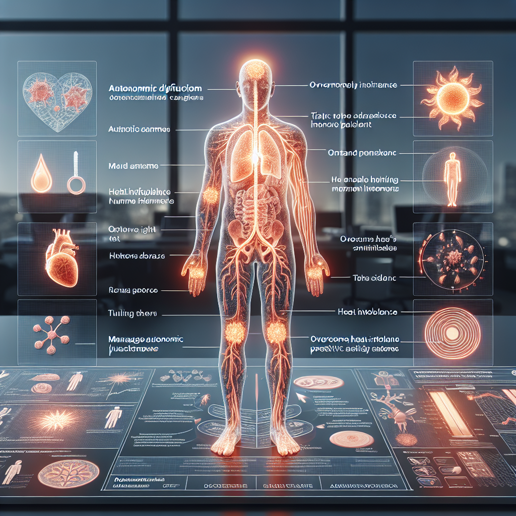 Generate a photorealistic, detailed image depicting a detailed visual guide focusing on Autonomic Dysfunction in ALS (Amyotrophic lateral sclerosis). This guide should encompass components such as a diagram of the human anatomy highlighting the affected areas, tips to overcome heat intolerance specific to ALS patients, and strategies to manage autonomic dysfunction. Illuminate the image using natural lighting and soft shadows to ensure clarity and readability.