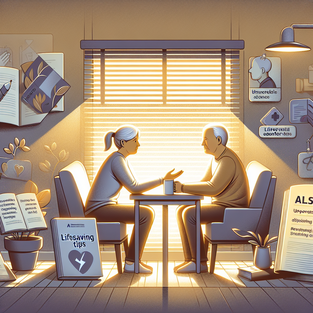 Generate an empathetic illustration demonstrating a moment of intimacy between two individuals. They should be displayed engaging in a supportive conversation, both sitting at a cozy living room table, under the warm, ambient light filtering through the blinds. The scene should communicate understanding, trust and care. Elements around them should convey the idea of dealing with ALS: an open book on the table titled 'Lifesaving Tips', illustrated instructions for coping with the condition scattered around, a hot cup of tea symbolizing comfort. This visualization depicts an intimate and supportive environment in contrast with serious life challenges.