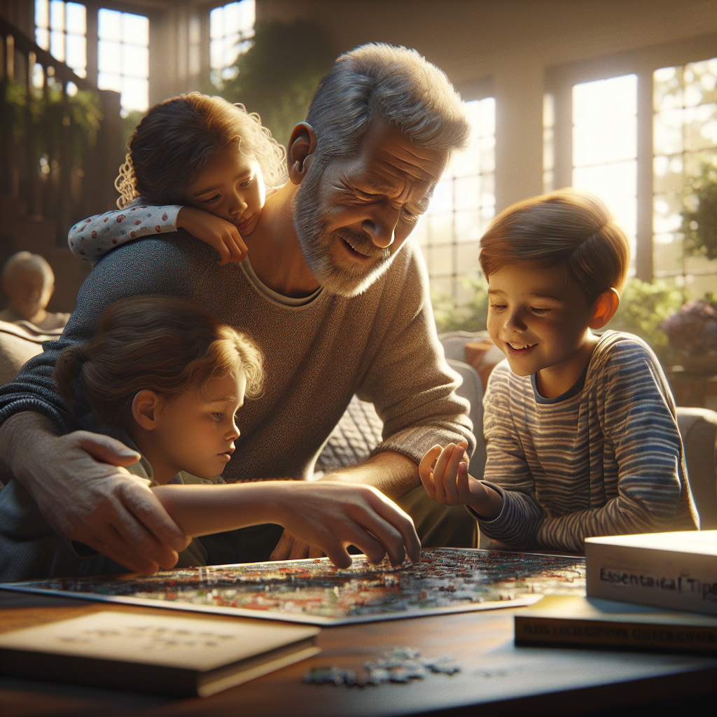 Produce a high-quality, photorealistic image illuminated by natural light, casting soft shadows. The core scene features a caring, resilient parent, whose strength is emphasized in his expressive, wearied yet hopeful face. He is interacting with his loving children in a living room setting, all family members defined by joy, warmth, and unity overriding their challenges. The parent and children are engaged in an activity that reflects their perseverance and resilience, such as finishing a jigsaw puzzle together. Visible on the coffee table is a book titled 'Essential Tips for Raising Children with ALS', hinting at the family's journey.