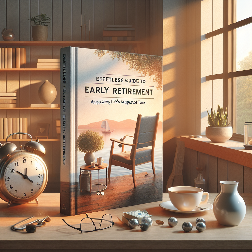 Visual representation of a financial planning guide for early retirement considering unpredicted health circumstances, implying an ALS diagnosis. The book cover should feature an abstract concept of a comfortable and relaxing retirement life, with elements like a comfortable chair in a cozy corner of a room bathed in warm, natural light, a cup of herbal tea on a side table, a pair of spectacles, and a view of a calm garden through the window. The title on the book cover could read 'Effortless Guide to Early Retirement: Anticipating Life's Unexpected Turns'. The scene should exude a sense of calm, hope, and reassurance in future stability.