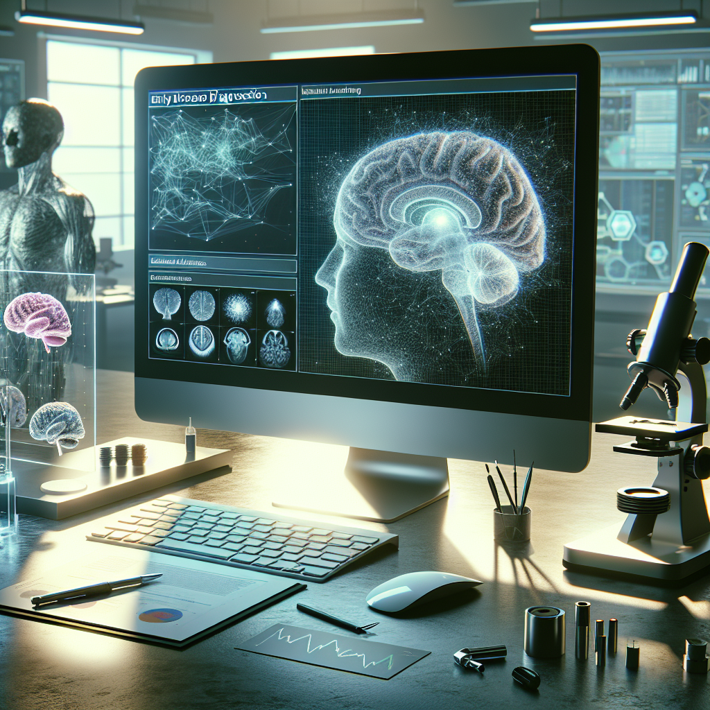 Imagine an image showcasing the concept of early disease diagnosis using machine learning. There's a computer screen displaying complex algorithms and a 3D model of a human brain being studied for anomalies, symbolizing the detection of ALS. The lighting is natural, with soft shadows enhancing the realism of the scene. There are a variety of scientific instruments nearby, like a microscope, which imply exhaustive research efforts. The ambiance suggests a futuristic, advanced medical facility utilizing artificial intelligence for effervescent medical discoveries.