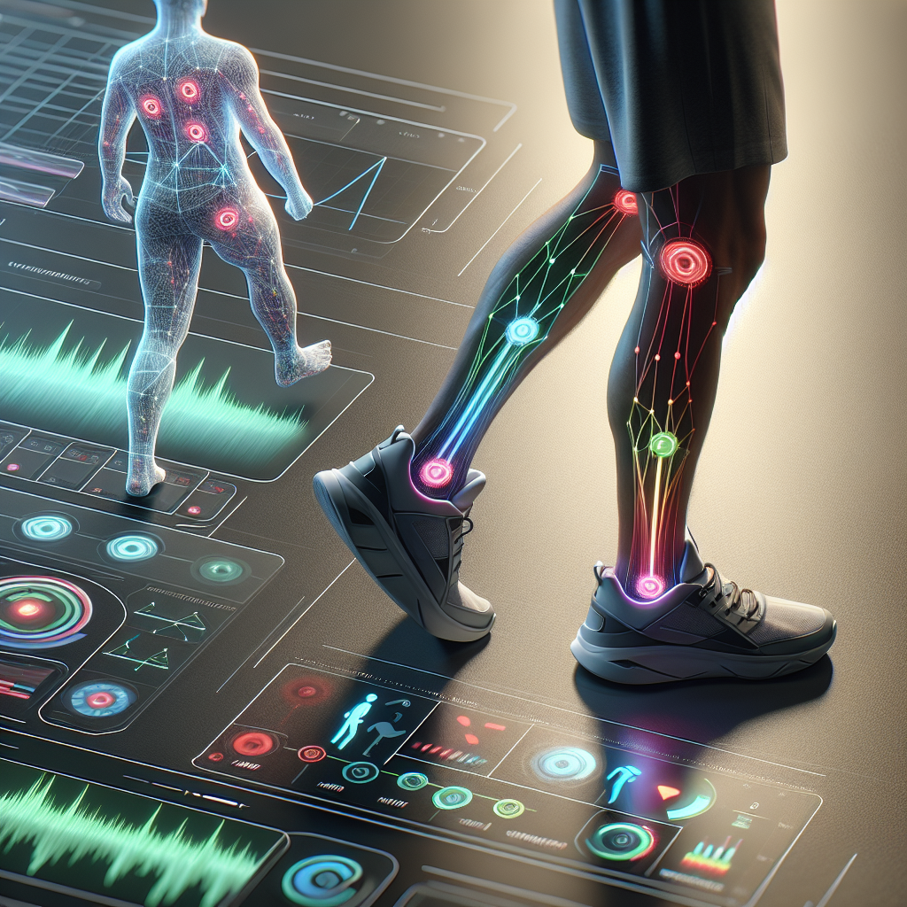 Generate a high-quality, photorealistic image using natural lighting and soft shadows. This scene showcases a cutting-edge technology: wearable sensors designed specifically for monitoring ALS (Amyotrophic Lateral Sclerosis). Display a close-up view of these sensors, highlighting their sleek design and advanced functionality. Also, in a split portion of image, provide an example of the stunning gait analysis these sensors can perform. It presents as crisp, colorful visual data on a user-friendly interface, representing a person's walk pattern in real time.