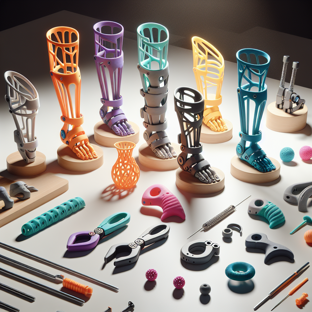 Create a high-quality, photorealistic image showcasing a collection of custom 3D-printed tools and affordable adaptations designed for facilitating the lives of individuals with ALS (Amyotrophic lateral sclerosis). The image should exhibit various ingenious designs of custom splints rendered in various vibrant materials. Use natural lighting to highlight the texture and print quality of these tools, and incorporate soft shadows for contrast. Ensure the tools look durable, functional yet aesthetically pleasing, making the setting appear like a modern medical equipment exposition.