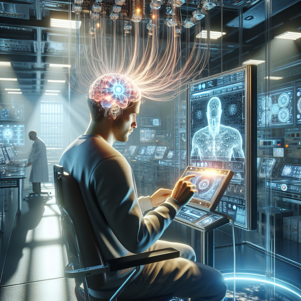 Generate a high-quality, photorealistic image showing a scene related to a breakthrough in Brain-Computer Interface (BCI) technology for ALS patients. The picture hints at the stunning potential of thought-controlled devices. It depicts a well-lit laboratory setting where a Caucasian male scientist is engaged in studying a high-tech device. Gently falling light creates soft shadows around him. There are monitors displaying complex neural data charts, along with other advanced equipment around the room. Emphasize the scientific futuristic vibe and the revolutionary nature of this technology.
