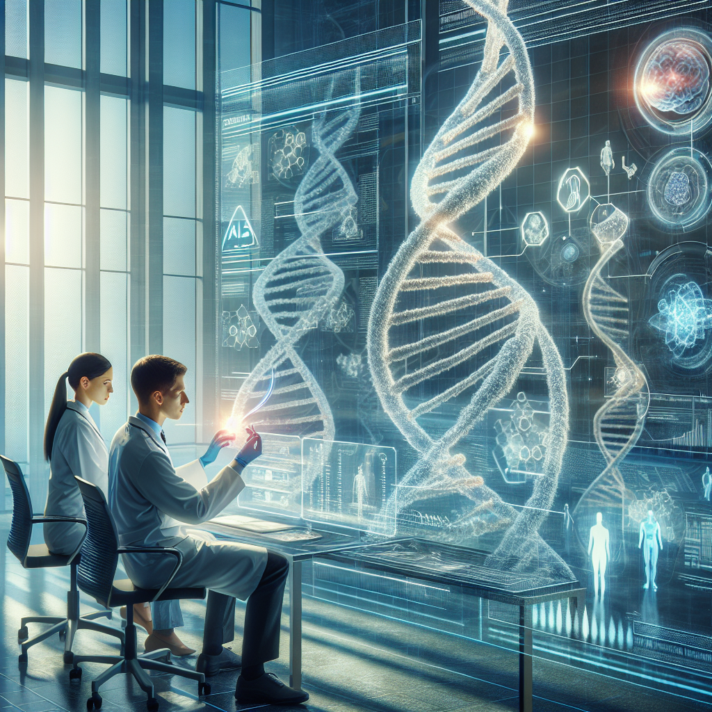 Visual representation of ALS Cure Research, where scientists are working in a highly technologically advanced lab. Depict a Caucasian female and a South Asian male working together, intricately manipulating an illuminated 3D representation of a DNA strand, an instance of gene editing. Also, depict scrolls of medical gene charts and digital holograms of individualized therapeutic techniques, signifying the concept of Personalized Medicine. The environment embodies natural light seeping in through large windows casting soft shadows in the room, conveying a thoughtful and innovative atmosphere.