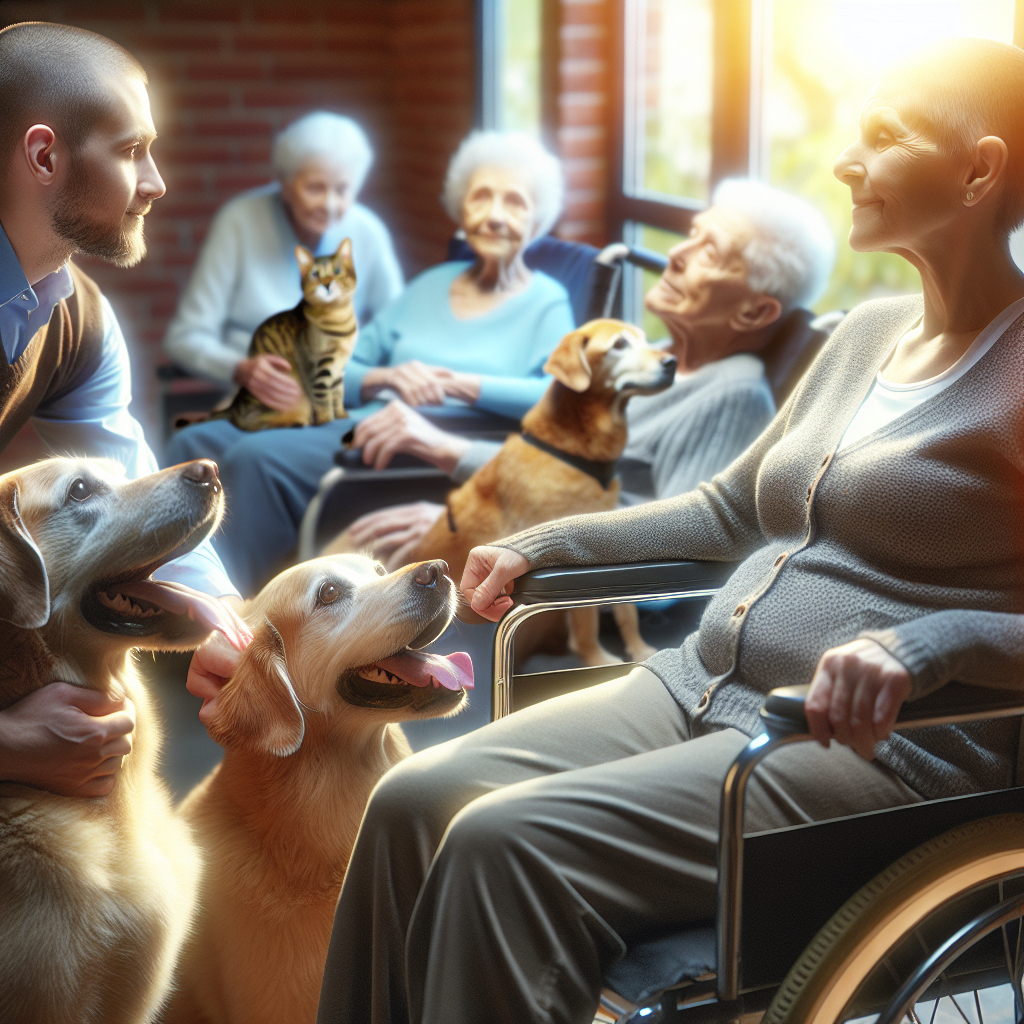 Generate a detailed, photorealistic image, making use of natural lighting and soft shadows. In the image, there should be therapy dogs interacting in a therapeutic session with patients affected by Amyotrophic Lateral Sclerosis (ALS). The therapy dogs should be showing astonishing benefits for these individuals not only physically, but also emotionally and psychologically. Additionally, depict a cat observing these therapy sessions, being intrigued or motivated by the beneficial effects it witnesses.