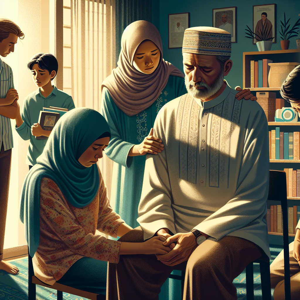 A heartfelt scene depicting a family's support for one of their members living with ALS (Amyotrophic lateral sclerosis). The room is filled with natural light that's casting soft shadows. The individual living with ALS, a Middle Eastern male, is seen comforted by his family. His Caucasian wife, showing clear signs of grief, is holding his hand, while their Hispanic daughter is hugging him, and their South Asian son stands at the doorway, watching the scene with a sympathetic look. There's a bookshelf nearby filled with books on ALS and grief support strategies, highlighting their collective effort in this struggle.