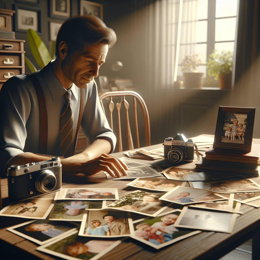 Generate a high-quality, photorealistic image depicting a project dedicated to preserving family memories. The scenario should include a table filled with various pictures from multiple generations. There should be an old camera, a photo album, and photo frames present in the scene. A person, a Caucasian man, should be seated at the table, looking fondly at a photo of children playing. Natural lighting should be streaming in from a nearby window, casting soft shadows on the scene.