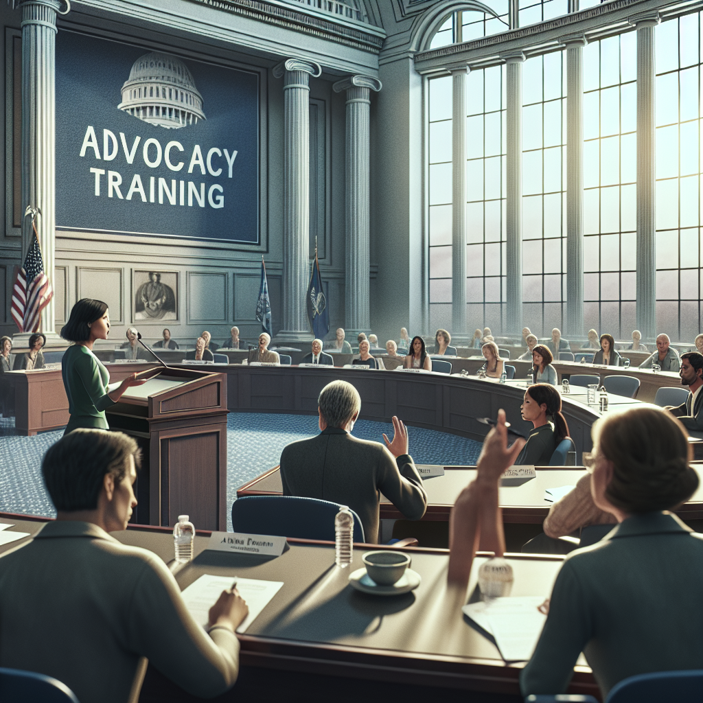 Construct a dynamic and detailed image depicting an advocacy training scenario. The focus of the training is towards raising awareness and influencing policies related to the medical condition, Amyotrophic lateral sclerosis (ALS). The setting is a large seminar room, reflecting an atmosphere similar to those in governmental policy-making hubs. The room is filled with a diverse range of individuals: an Asian female speaker at the podium passionately providing guidance, a middle-aged Caucasian man taking notes intently, a young Hispanic woman raising a question and a Black mature woman supporting her. The ambiance is lit with natural light filtering through large windows, casting soft shadows across the room.