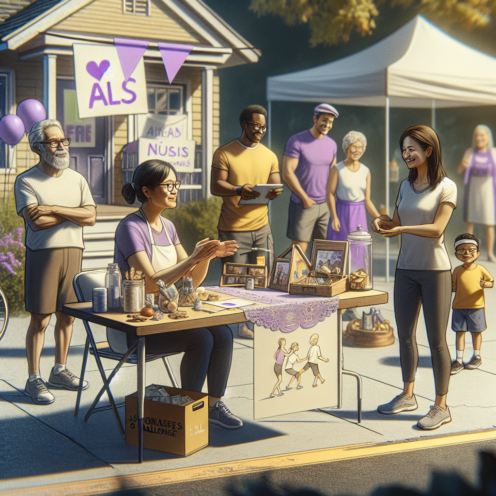A scene at an ALS fundraising walk event showcasing various innovative personal and peer-to-peer fundraising strategies in action. The scene should be outdoors with natural lighting and soft shadows. In the foreground, a middle-aged Caucasian woman is presenting a unique handmade item for sale. Nearby, a group consisting of a Hispanic man and an Asian woman are engaging in a creative doorstep challenge. On the other side of the scene, an African American man is motivating a South Asian woman to sponsor his journey, and a Middle Eastern boy is running a lemonade stand to raise funds. Emphasize unity, hope, and community spirit in the composition.