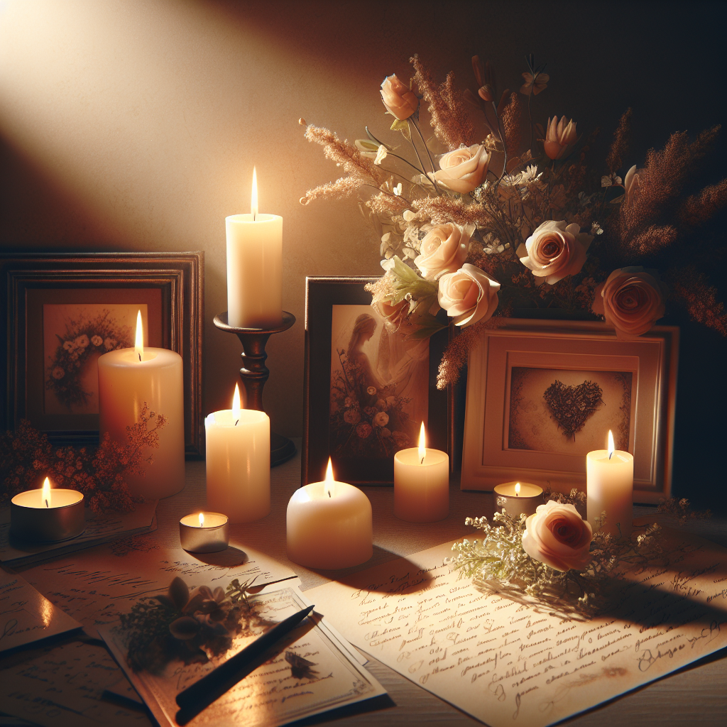 Generate a picturesque, high-quality image reflecting the serenity and sentimentality of a memorial tribute page. Showcase elements such as flickering candlelight, heartfelt handwritten notes, beautiful floral constructions, and evocative photography. The lighting should be natural, casting soft shadows that add depth and subtlety to the scene. Create an overall picture that resonates with the celebration of life, emanating warmth, love and remembrance.