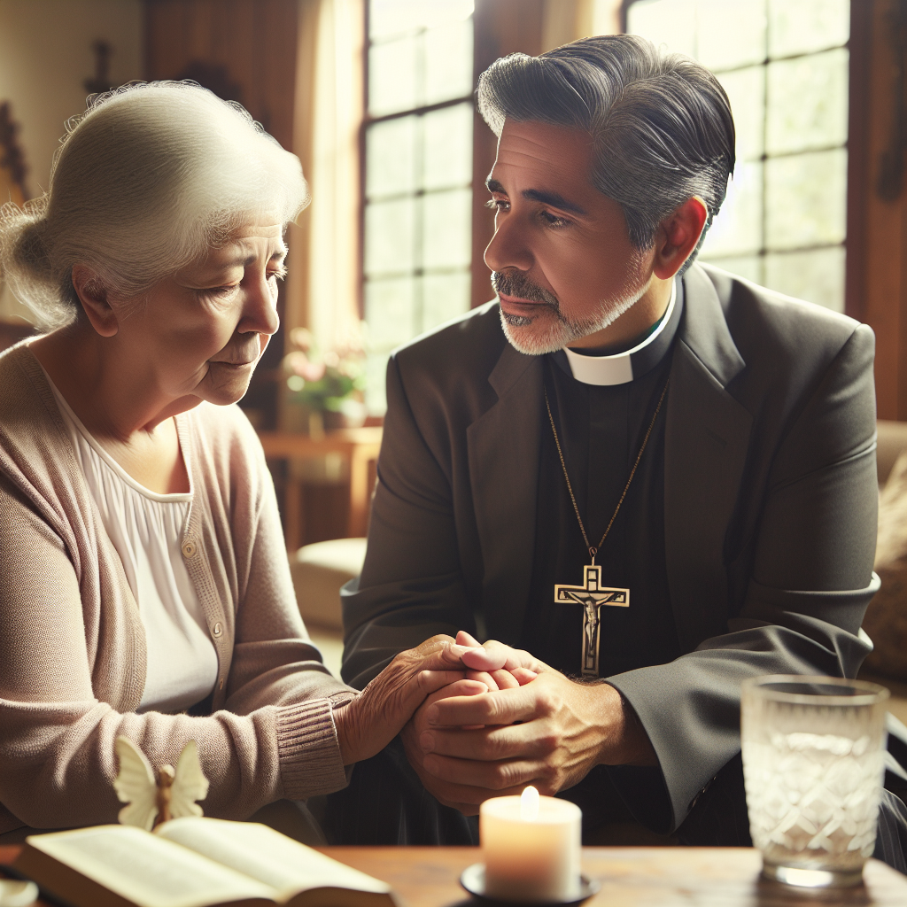 Create a high-quality, photorealistic image using natural lighting and soft shadows. The scene should depict a middle-aged Hispanic male chaplain providing spiritual support to an elderly Caucasian woman who is part of a faith community. Express the resilience in their faith through their earnest conversation, the strong yet kind look in their eyes, and displaying symbols of spirituality around them like religious texts and symbolic ornaments. The setting should be serene and comfortable, a place where faith community members often gather, like a church or community center.