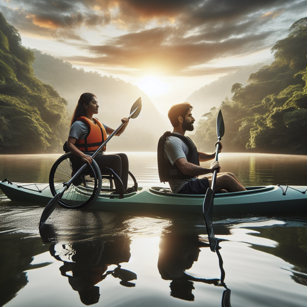 Capture a serene scene that demonstrates the positive impact and accessibility of adaptive sports. Specifically focus on a South Asian female and a Middle-Eastern male who are actively engaged in adaptive kayaking. They are confidently maneuvering their kayaks in a placid lake, under a sky gently lit by the natural rays of a setting sun, casting soft shadows onto calm waters. Surrounding them is a backdrop of lush, verdant forest, which serves as a testament to the invigorating spirit of recreation therapy. Make sure to depict their specially adapted equipment, showcasing the balance between functionality and affordability.