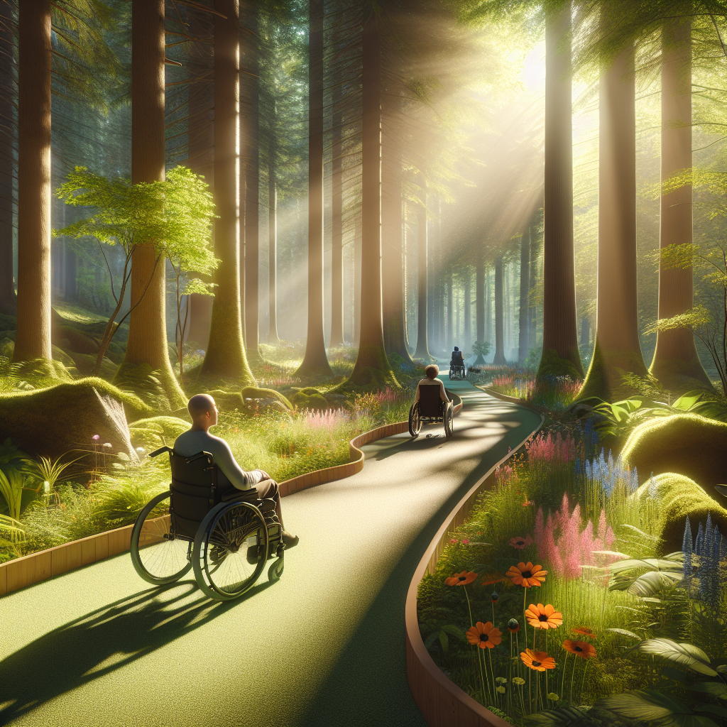 Create an image representing the serenity and respite of nature therapy. Visualize an accessible trail in a lush forest environment, bathed in soft natural light that provides mellow shadows. The trail is designed with all-terrain features making it wheelchair-friendly for people with mobility challenges. A few individuals, representing a diverse range of descents and genders, are enjoying their time in adaptive wheelchairs, effortlessly gliding along the trail, experiencing the therapeutic benefits of the surrounding greenery. Punctuating the scene are vivid wildflowers, towering trees, and the soft rustle of leaves in the breeze.