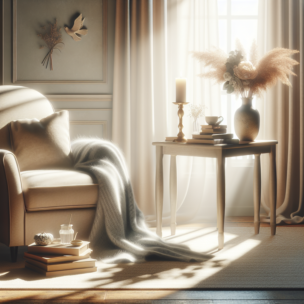 Create an image that is calm and evocative, showing a serene room bathed in soft natural light. There are comfortable furnishings, like a plush armchair and a soft, cozy blanket draped on it, with a small side table on which rest a few books on end-of-life care and a simple yet beautiful vase containing fresh flowers. Gentle shadows add depth and a peaceful atmosphere to the room. Include subtle visual symbols associated with peaceful passing and compassion, such as a peaceful dove, warmth of a light candle, or a hand holding another hand softly. This image conveys the gravity and compassion involved in end stage ALS care.