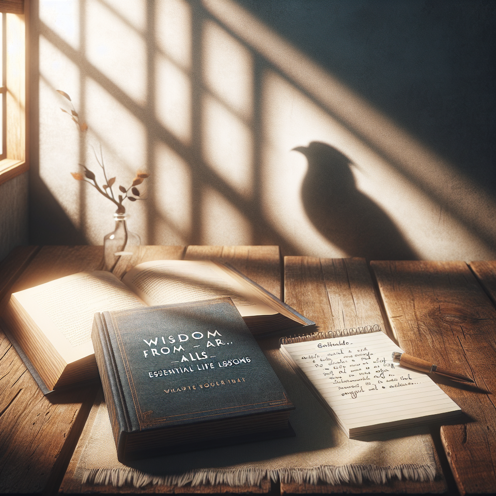 Create a serene scenario inside a well-lit room. A book lies open on a worn wooden table, its pages holding a chapter titled 'Wisdom from ALS: Essential Life Lessons'. Adjacent to it, a notepad scribbled with thoughts of gratitude. In the background, soft shadows dance on the wall from a nearby window, symbolizing the play of life's challenges and resilience. The overall mood is reminiscent of wisdom acquired from life's harsh trials, and a stunning gratitude insight. This image represents a quiet moment of reflection and the beauty found within struggle.