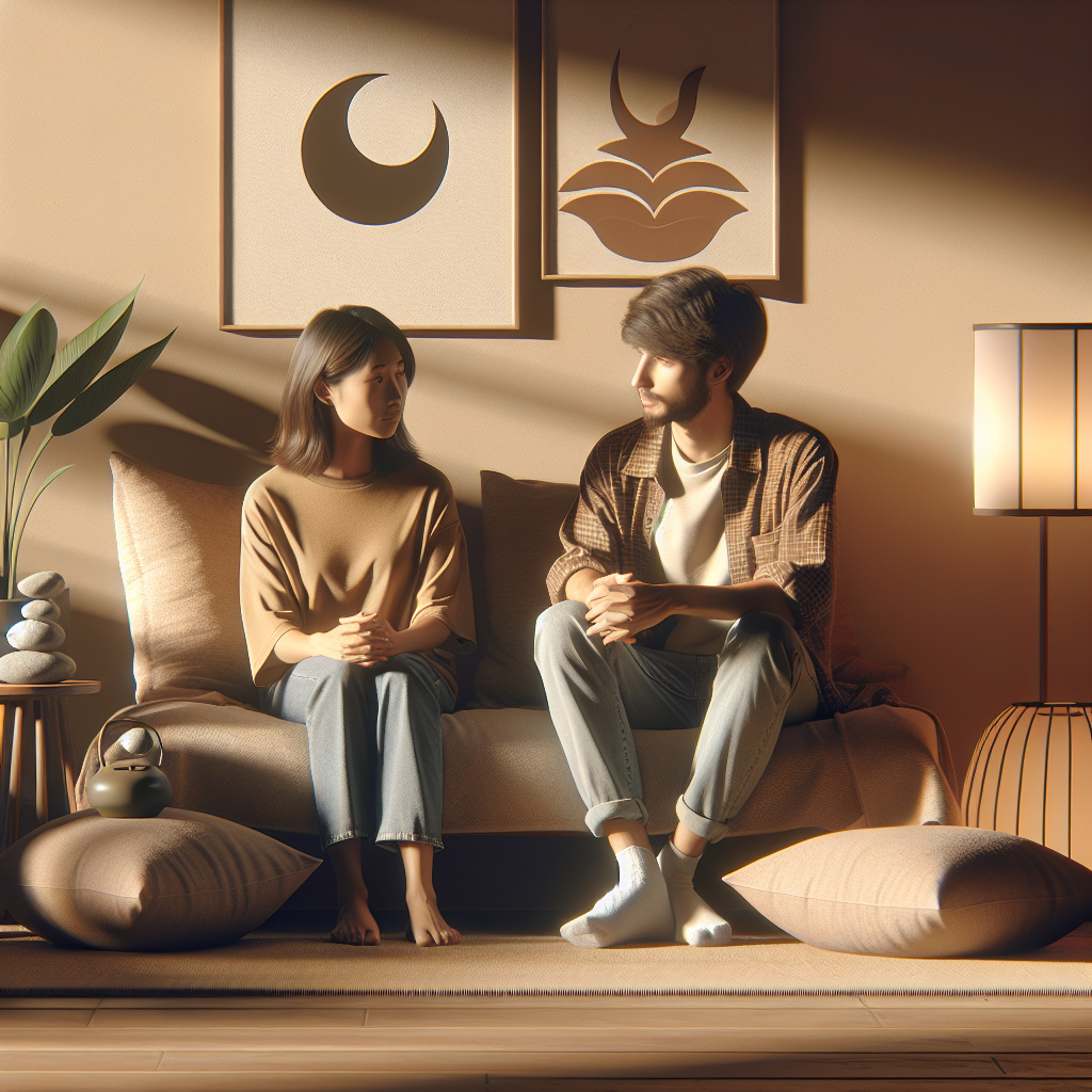 Render a high-quality, photorealistic image that illustrates a comforting scene of sibling support. It's in a warm, inviting family counseling area with elements signifying emotional balance like a balanced Zen rock garden, calming wall art, soft-hued pillows, and a plant for a soothing touch. There are two siblings: an East Asian woman with shoulder-length hair, wearing a casual shirt and jeans, sitting attentively and a South Asian man with a beard, wearing a plaid shirt and jeans, both manifesting care and compassion. Use natural lighting and soft shadows to create a serene ambiance.