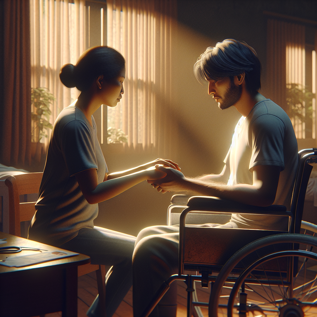 Create an image depicting a tender scene in a home setting. A couple is in the room, a South Asian woman and a Caucasian man, conveying mutual support while confronting a serious health issue. She holds his hand, a gesture of quiet strength and unwavering commitment. A wheelchair is situated near a window, through which warm sunlight filters into the room, casting gentle shadows around. Their faces are laden with an amalgam of hope, resilience, and concern. A small table holds a few medical pamphlets, a hint towards their predicament. The mood is intimate, earnest yet filled with courage.