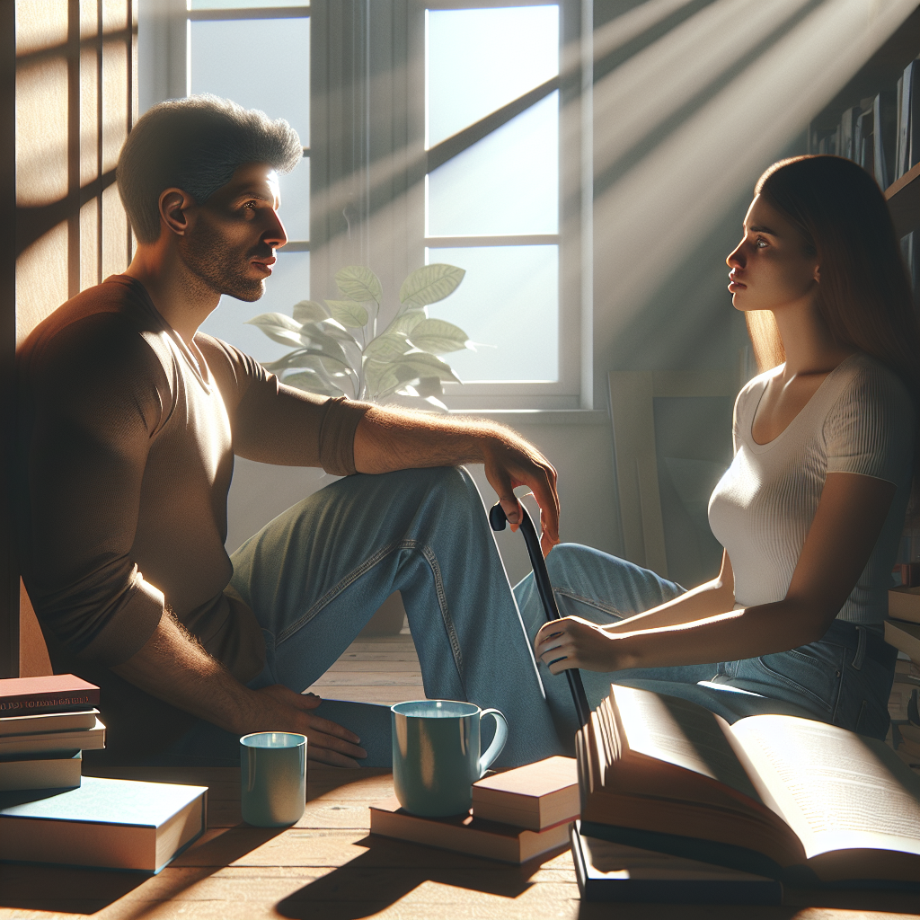 Create a photorealistic image showcasing a couple. In this visual narrative, depict them in the middle of a discussion, with books about relationship advice around them. They're in a room with sunlight filtered through the window, creating soft shadows. The man, of Middle-Eastern descent, is leaning on a cane, suggesting his struggle with a physical condition. His partner, a Caucasian woman, exudes calm and strength. Emphasize their deep connection and shared determination as they navigate hardship together.