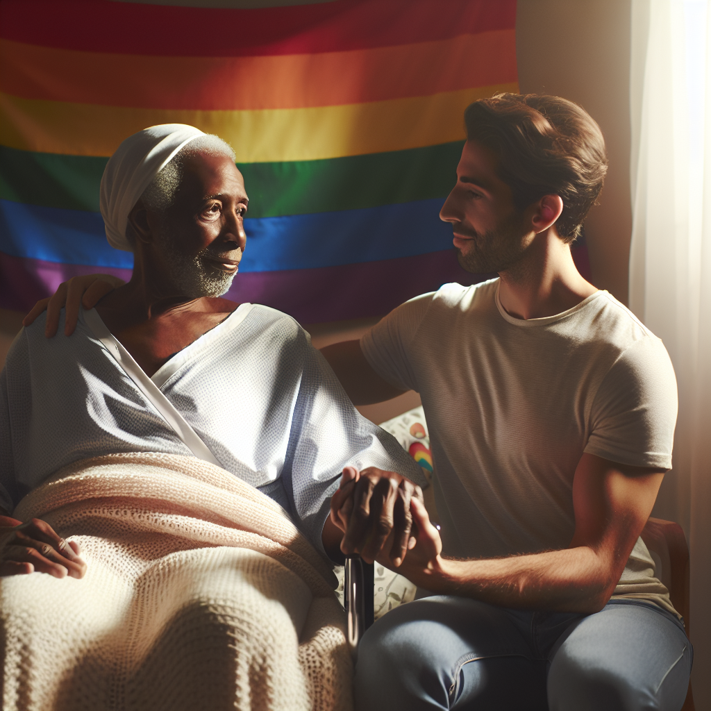 Generate a high-quality, photorealistic image with natural lighting and soft shadows showcasing an empowering and inclusive caregiving setting. It should involve two people: one is a queer ALS patient, any gender, Black, receiving care and support. The caregiver, a male, Hispanic, is engaged in a supportive act such as holding the patient's hand, offering a comforting smile or helping with physical therapy. The background subtly includes symbols of LGBTQ+ pride, such as a draped rainbow flag or a subtle pattern on a cushion, capturing also the spirit of warmth, comfort, and resilience.