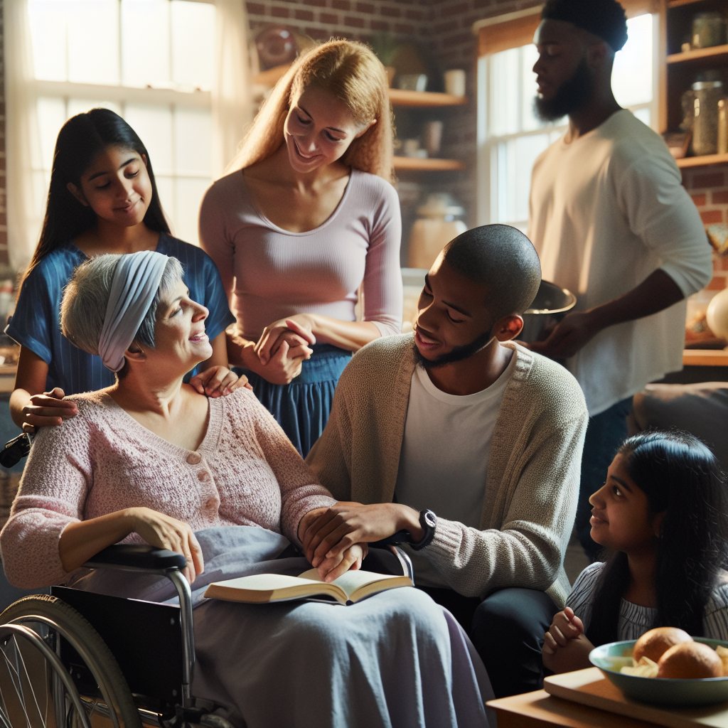 A heart-touching scene under natural lighting and soft shadows where a diverse family is gathering together in their living room. A middle-aged Caucasian woman with ALS, strong despite her physical limitations, is sharing a loving moment with her family. They are engaged in a conversation, representing a shift in family roles due to her condition. A Hispanic teenager is helping with chores, a Black man, her partner, is cooking in the kitchen, and a South Asian girl is reading a book beside her. The scene highlights the unraveling of stigma associated with disability and the strong bond of the family.
