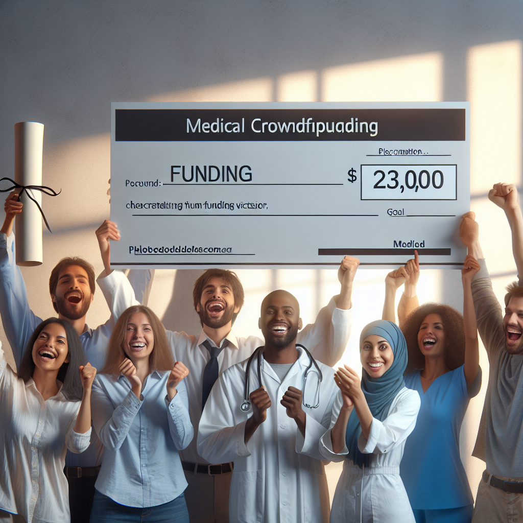 Visualize a photorealistic image that portrays a significant and successful medical crowdfunding campaign for ALS. The graphic should include elements like a happy group of diverse individuals celebrating their funding victory; these could be people of different genders and descents such as a Caucasian woman, a Middle Eastern man, a South Asian woman, and a Black man. They should be holding symbolic items like a large, metaphorical cheque or a funding progress chart showing a goal achieved. Natural lighting and soft shadows should lend a sense of authenticity and optimism to the scene.