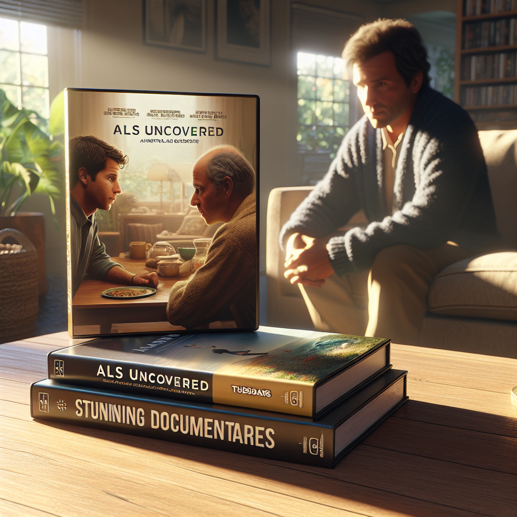 Generate a high-quality, photorealistic image which depicts an inviting cozy room with natural lighting and soft shadows. Within this room, reveal a wooden coffee table where two different movie cases rest. The first one bears the title 'ALS Uncovered: Tuesdays', indicating a film about Amyotrophic Lateral Sclerosis, and it has a cover showing a middle-aged Caucasian man, deeply engaged in conversation with a young Hispanic man, both seemingly involved in a profound dialogue. The second case is labeled 'Stunning Documentaries', displaying a myriad of captivating images reflecting various aspects of life and nature.