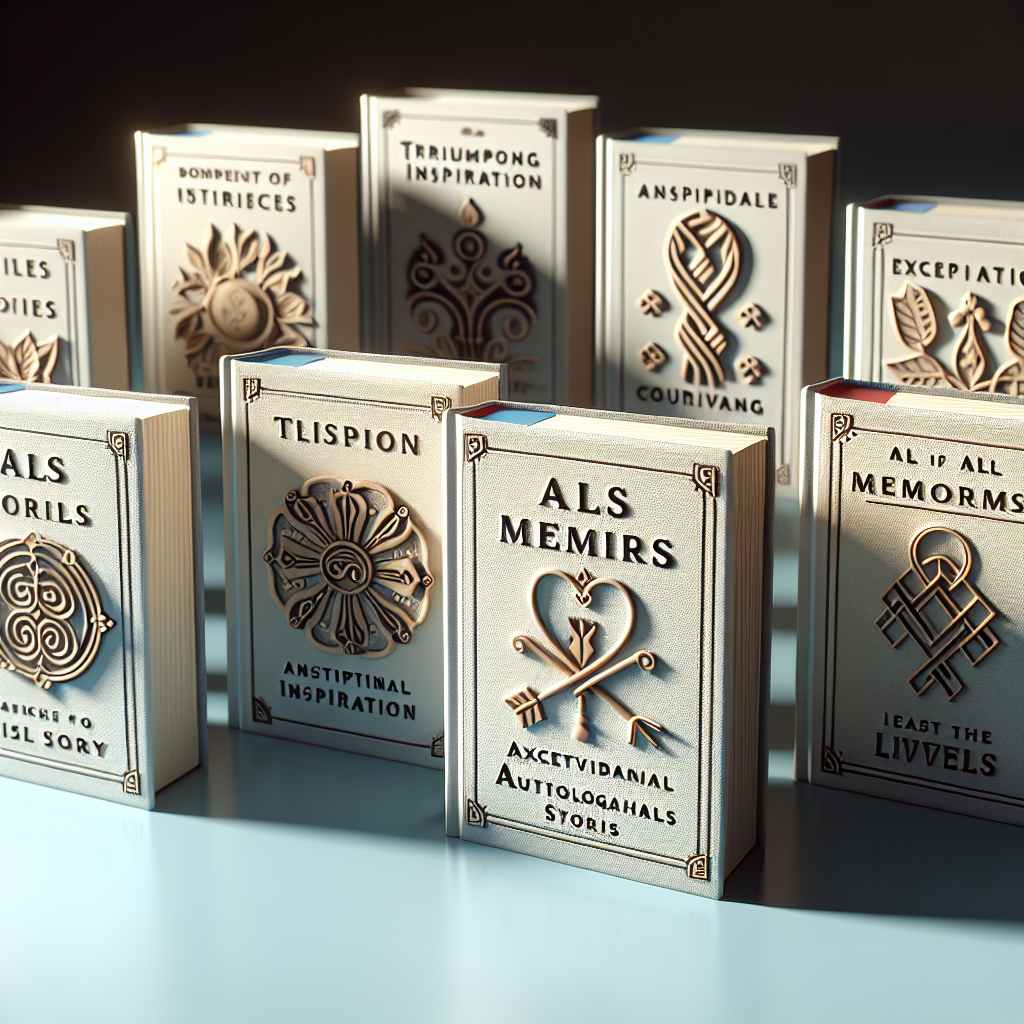 Produce a photorealistic image displaying a collection of beautifully bound books under soft, natural lighting. The book covers depict symbols and elements representative of triumph, inspiration, and resilience, hinting at the exceptional autobiographical stories they tell about the lives of people who have navigated the challenges of ALS with courage. The titles of these books should subtly suggest that they are about ALS memoirs. Their placement creates soft shadows, adding depth and interest to the image.