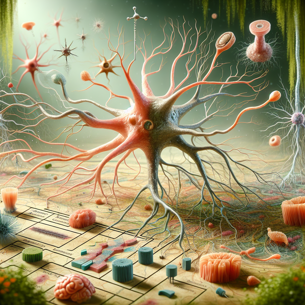 An illustration representative of Motor Neuron Biology. The scene could showcase a detailed, enlarged view of a neuron, with its axons, dendrites, and synapse visible. The neuron could be in a healthy state on one side, marked with lively colors and dynamic connections, and sadly, in a state of degeneration on the other, indicated by a more muted color scheme and crumbling or severed connections. It can also include a key to the side annotating the different parts. Intermingled in the background, there would be soft shadows and natural lighting, suggesting the hidden layers of this devastating mystery.