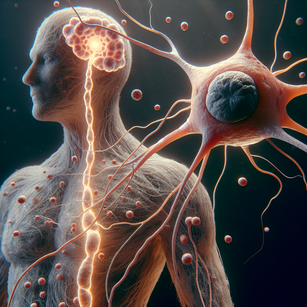 Create a visually representative and photorealistic image that explores the intricate connection between Mitochondrial ALS and energy failure in neurons. The image is to depict a humanoid neuronal cell with enlarged mitochondria indicating stress and energy inadequacy. Use natural lighting and soft shadows to highlight the aspects of the mitochondria and neurons. Please include faint indicators, like symbols or visual cues, to hint at the underlying narrative of this physiological process.