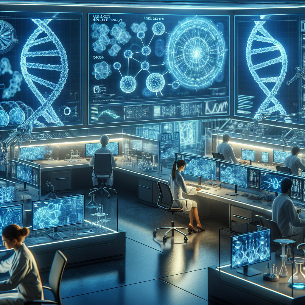 Visualize a futuristic lab where state-of-the-art ALS research is being conducted. Scientists of various descents and genders are hard at work in this high-tech facility. In one corner, a Caucasian female scientist is studying the splicing defects in the FUS gene in an advanced digital screen. There are intricate diagrams of RNA molecules floating above a tabletop, in glowing blue holograms. Desks are filled with modern equipment and digital screens displaying complex data. The lab is lit with natural lighting, and the entire room is filled with the soft shadows cast by the low hanging futuristic lighting fixtures.