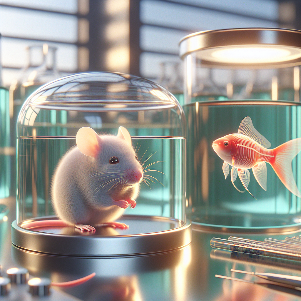 Create a photorealistic image showcasing a scientific breakthrough in the field of preclinical testing. The focal points of this picture should include two key components. Firstly, a SOD1 mouse model, a genetically modified mouse understood to be a critical tool in ALS research. Let the mouse be in a modern laboratory set-up, accentuating the avant-garde nature of this scientific development. Secondly, incorporate ALS zebrafish in a separate but identifiable setting such as a transparent fishkeeping vessel. Use natural lighting and soft shadows to illuminate the scene, suggesting a serene yet innovative atmosphere.