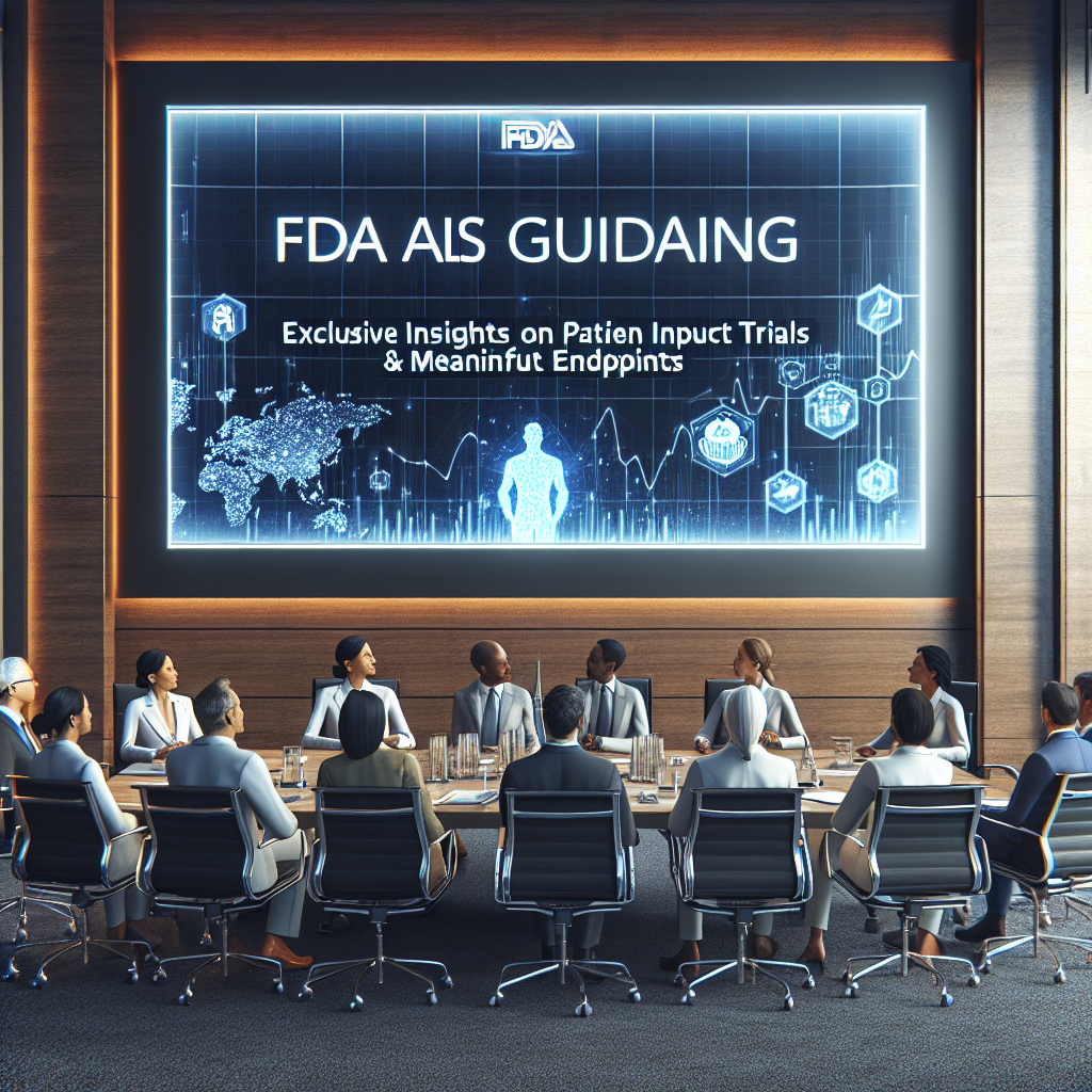 Render an image that portrays a sophisticated and professional conference room setting, with a large projector screen on the wall presenting significant information on 'FDA ALS Guidance: Exclusive Insights on Patient Input Trials & Meaningful Endpoints'. Include individuals sitting around a conference table appearing engrossed in the content. These individuals should be of various genders and descents, including Hispanic, Caucasian and Black.