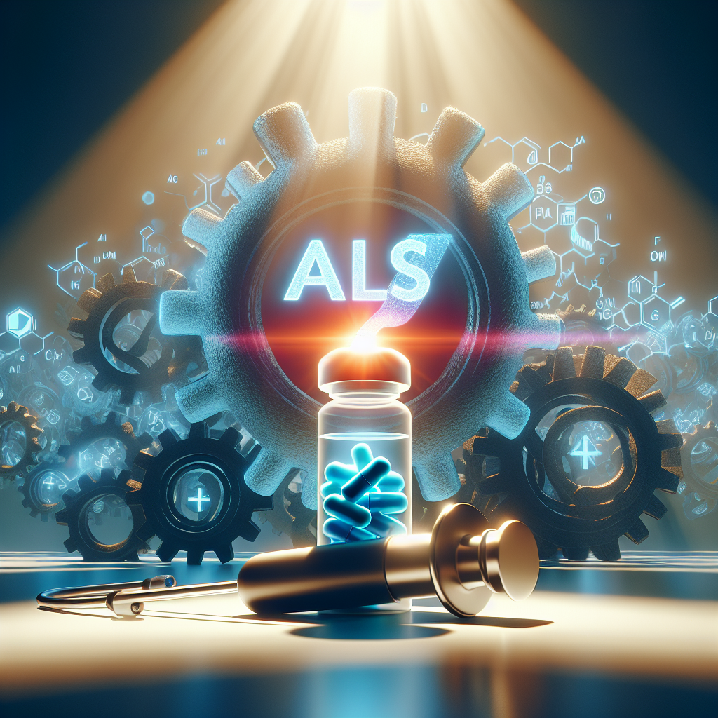 Visualize a concept where a medical breakthrough occurs in the field of Amyotrophic Lateral Sclerosis (ALS) research. This novel medication has been given rapid approval under the 'fast track' program due to its innovative and promising features. The scene is bathed in natural light, creating soft shadows that underscore the hopeful ambiance. The foreground should feature the new medicine, perhaps depicted as a brightly glowing pill or a drug vial. In the background, an abstract symbol or illustration denoting ALS could add context and depth to the image.