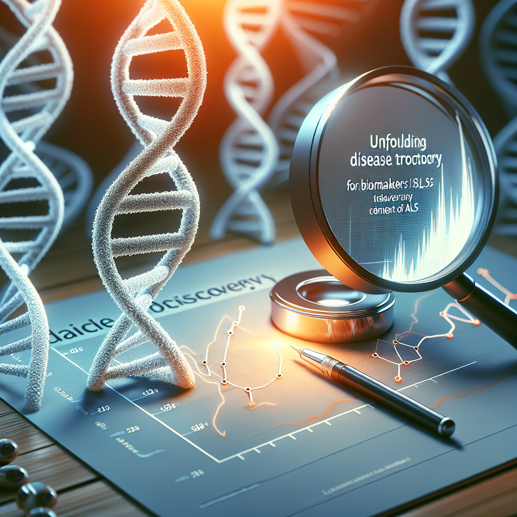 Create a photorealistic image that conceptualizes the journey of unfolding profound disease trajectory data for biomarker discovery in the context of ALS. Focus on elements such as a DNA helix, a magnifying glass inspecting the data, and a line graph indicating the trajectory of the disease. Use natural lighting and soft shadows to enhance the aesthetic appeal of the image.