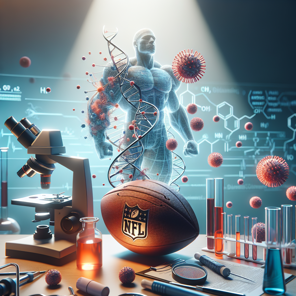 Create a photorealistic image using natural lighting and soft shadows, illustrating a complex concept related to medicine. The focus is on the discovery of stunning diagnostic biomarkers, specifically in the context of ALS. There are symbolic representations of overcoming challenges. Also, there can be a visual metaphor that includes the vigorous spirit of the NFL, but please ensure not to use any copyrighted NFL logos or imagery. The photo needs to have elements showing scientific research, perhaps including microscopes, lab samples, blood cells and DNA structures.