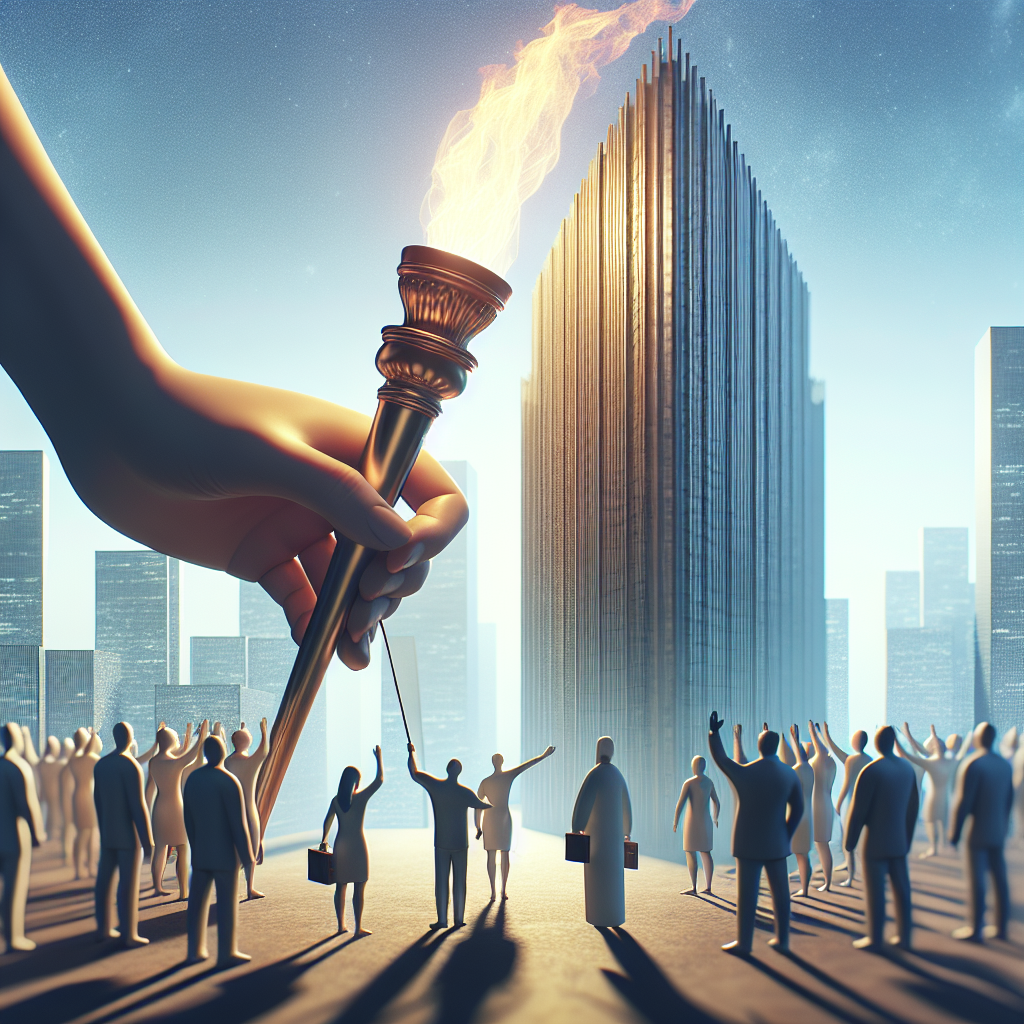 Generate an immaculate, high-resolution image that uses natural illumination and gentle shadows. The scene should center around the concept of patient advocacy for Amyotrophic lateral sclerosis (ALS). Visually represent the empowerment and influence that these advocates can have on policy making. This could possibly be shown through symbolic imagery like a torch or baton being handed over to an advocate, or a group of diverse patient advocates standing together in solidarity, their hands reaching out towards a towering edifice that symbolizes policy-making institutions.