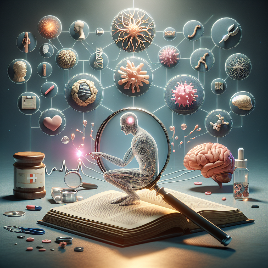 Generate a high-quality, photorealistic image using natural lighting and soft shadows, highlighting a conceptual scene explaining the basics of Amyotrophic Lateral Sclerosis, also known as Lou Gehrig’s Disease. The scene can include symbolic elements such as a neural nerve cell and a magnifying glass to indicate research or finding, a book representing knowledge and understanding, and various medical icons representing the essential guide. Please note to avoid any explicit representation of physical and psychological distress associated with the disease.