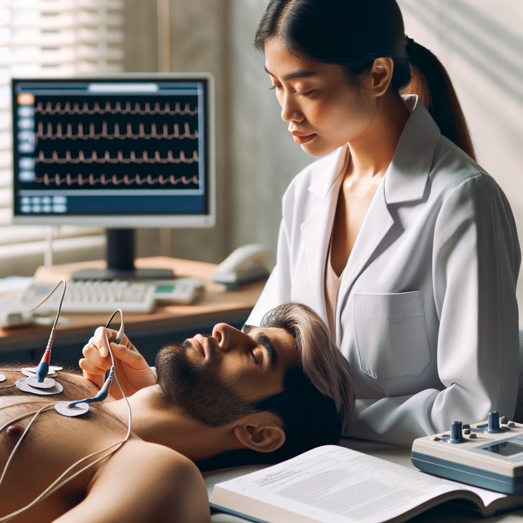 A close-up of an electromyography (EMG) test being performed in a clinical setting. The procedure is carried out by a South Asian female doctor. The patient, an adult Middle-Eastern man, is lying comfortably while the doctor applies some sensors to his skin. Nearby, a nerve conduction study monitor indicating the neuromuscular activity can be seen. The room has soft natural lighting, creating gentle shadows and highlighting the seriousness of the interaction. Also, there's a guidebook on 'ALS Diagnosis Process' kept open on a desk, providing additional context for the scene.