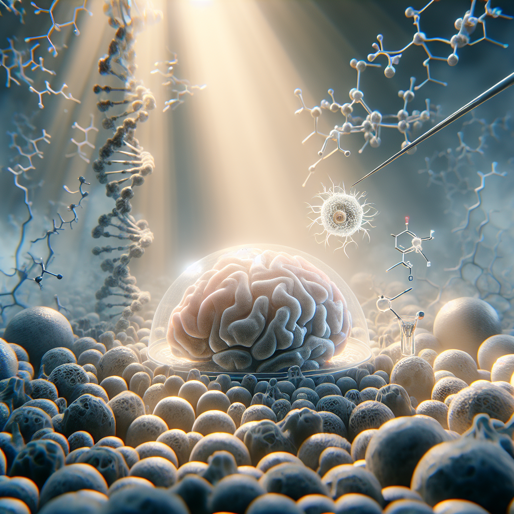 Create a high-quality, photorealistic image which illustrates a medical discovery. The image should focus mainly on concept of unveiling the causes of a major neurodegenerative disease, hinting towards genetic risk and environmental factors. The scene should be bathed in natural lighting and adorned with soft shadows, emphasizing the magnitude and importance of the discovery.