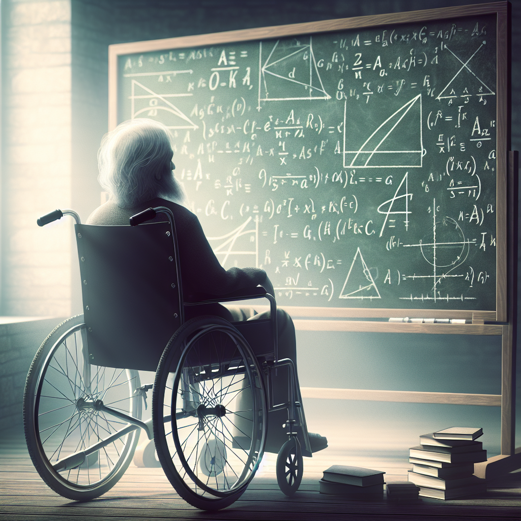 An inspirational story of a person with a brilliant mind, who despite being diagnosed with ALS, a debilitating motor-neuron disease, managed to achieve extraordinary feats in the field of theoretical physics. The image could feature a wheelchair near a chalkboard filled with complex equations, demonstrating the individual's exceptional resilience and intellectual prowess. Soft lighting washes over the scene, emphasizing the calm determination that defied this adversarial condition. The environment subtly implies the passage of time, hinting at an unusually long and steadfast survival against all odds.