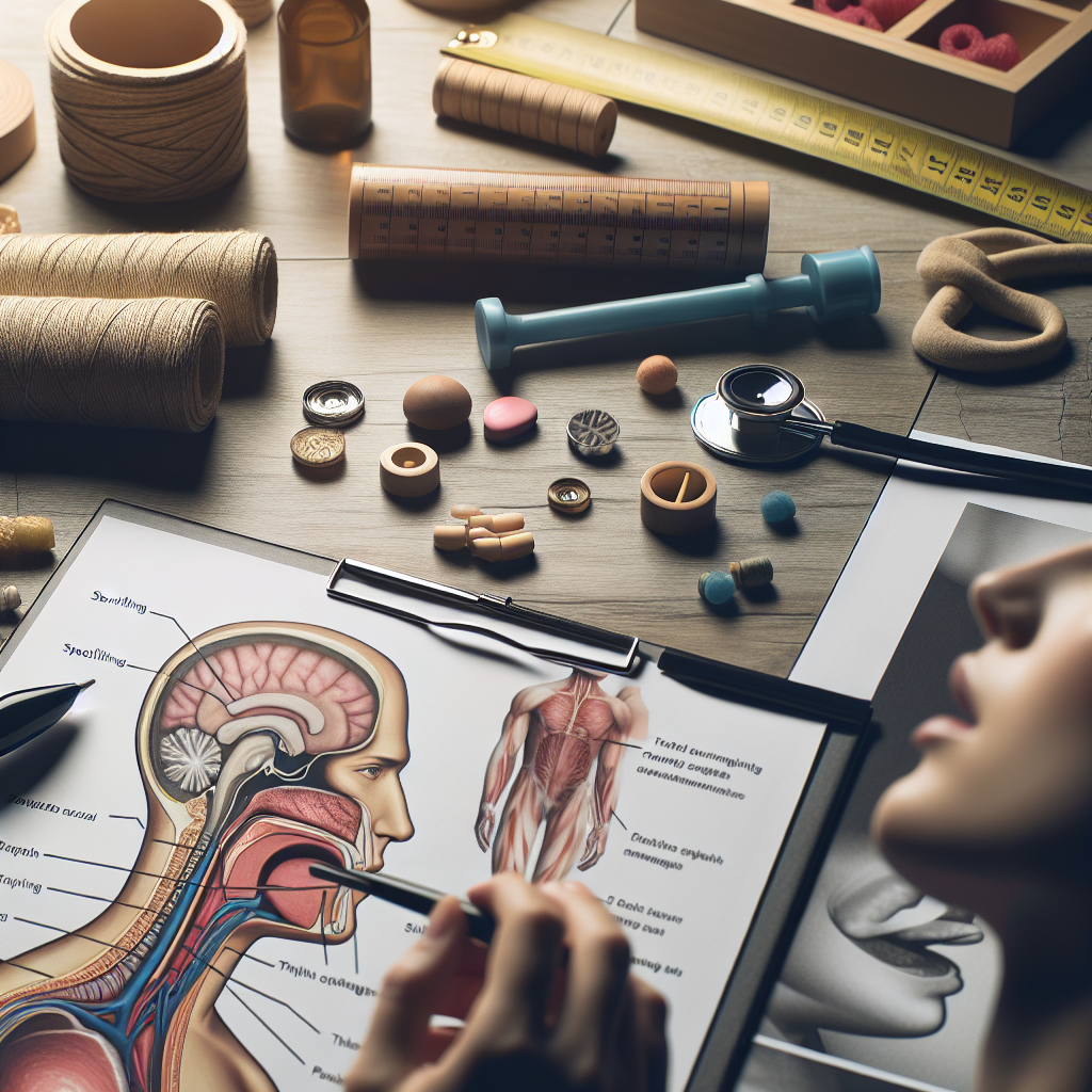 Compose a very realistic image portraying the concept of overcoming challenges related to Bulbar ALS. Portray the usage of effective strategies for managing speech and swallowing issues. In the foreground, include various practical aids such as diagrams demonstrating throat exercises or speech therapy tools. The scene should be bathed in natural lighting, casting soft shadows. Please convey the tone as positive and encouraging, illustrating the idea of hope and determination in overcoming these difficulties.